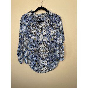 Jones New York Womens Paisley‎ blue Blouse L long Sleeve Button-Up polyester